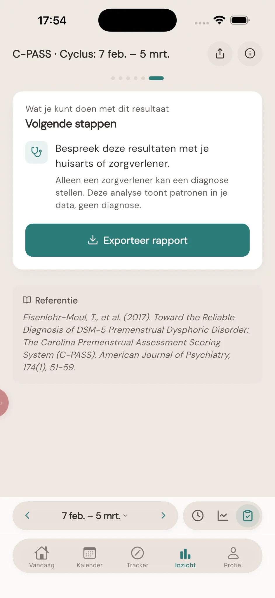 Cyclisch overzicht — volgende stappen, bespreek resultaten met je zorgverlener, referentie Eisenlohr-Moul