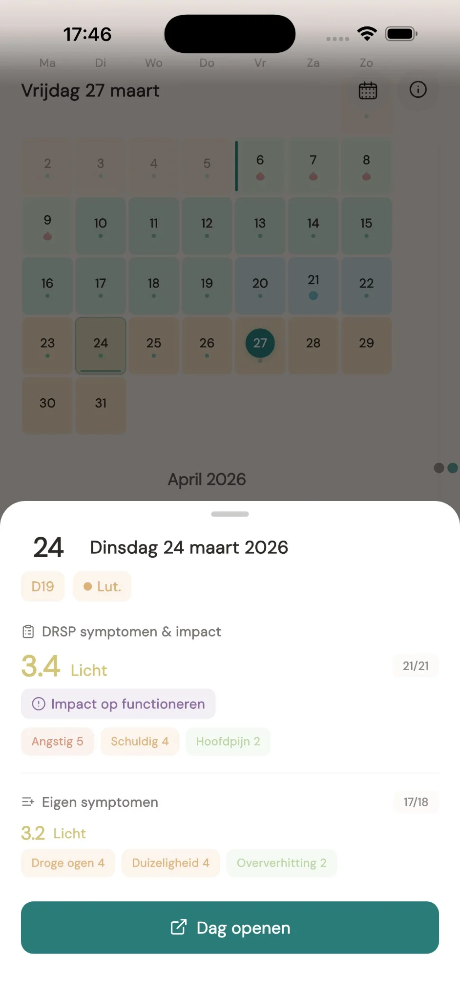 Kalender dag-detail — ingevulde dag met scores, impact en eigen symptomen