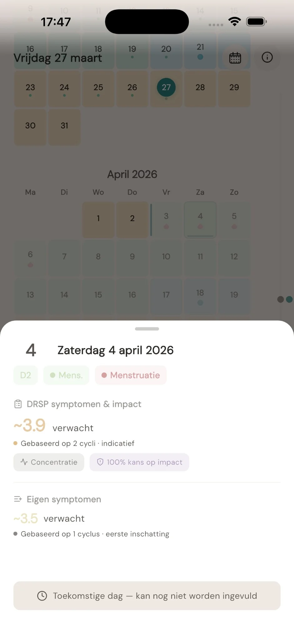 Kalender dag-samenvatting — toekomstige dag met verwachte DRSP en eigen symptomen