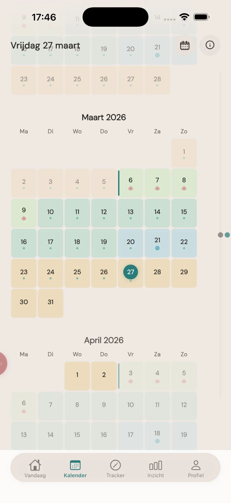 Cycluskalender — maandweergave met fasekleuren, menstruatie en vandaag gemarkeerd