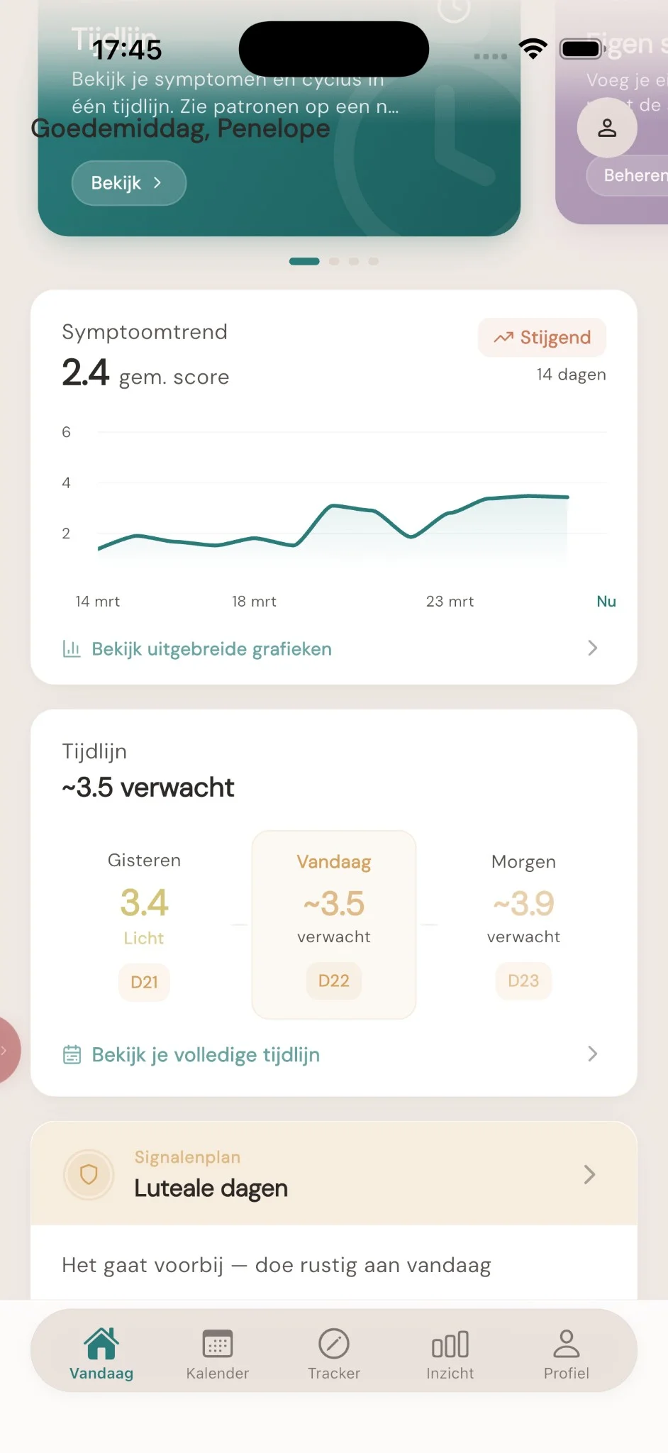Dashboard — symptoomtrend, tijdlijn-preview en signaleringsplan