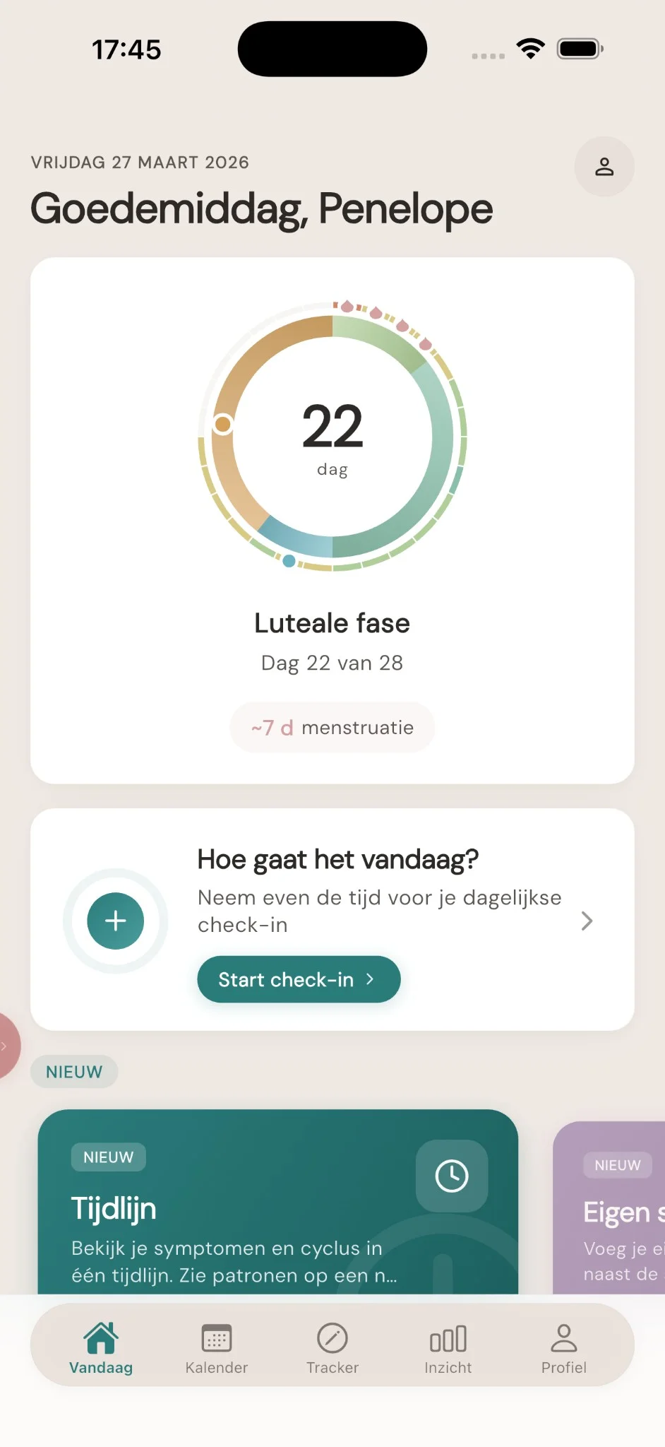 Dashboard — cyclusring dag 22, check-in en nieuwe functies