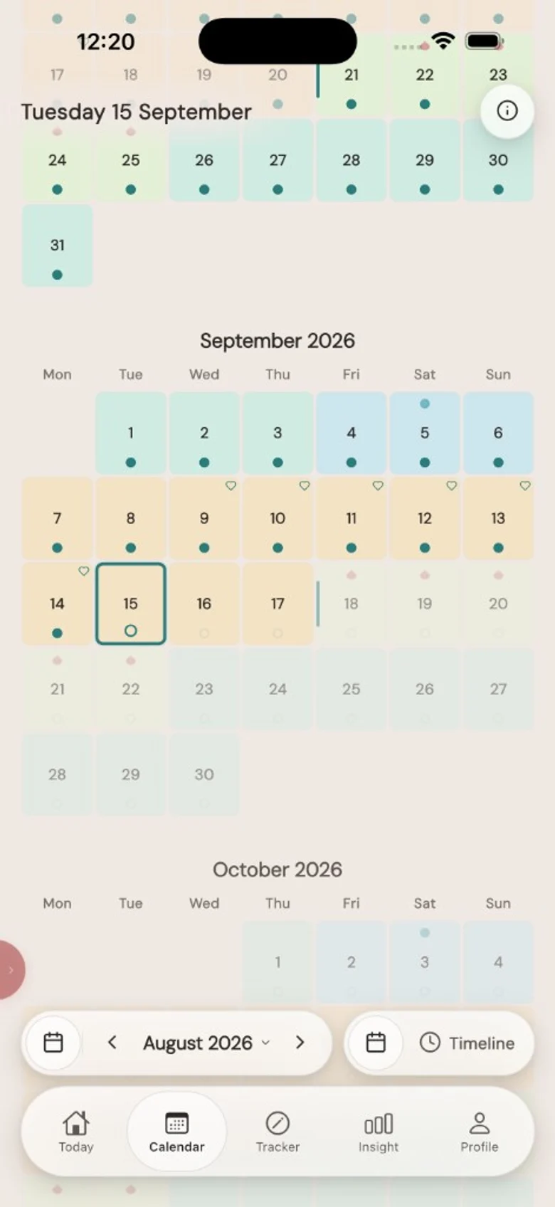 Calendario del ciclo: mese con colori di fase, mestruazione e oggi contrassegnato