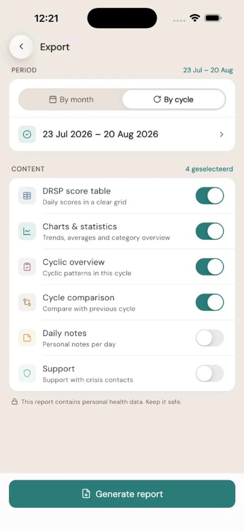 Esporta: scegliere un periodo (mese o ciclo) e i contenuti come DRSP, grafici, panoramica ciclica e confronto tra cicli