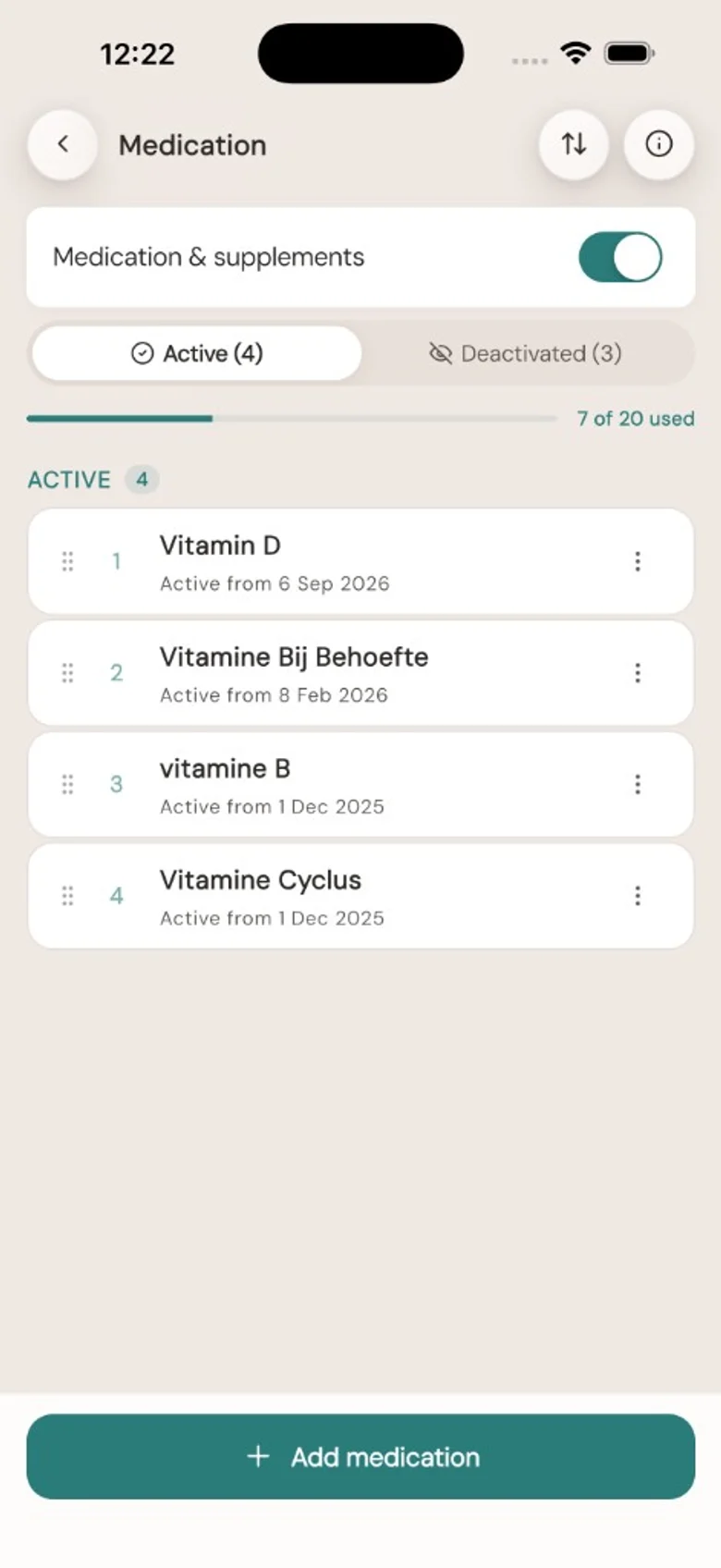 Elenco farmaci: terapie e integratori attivi con date di inizio