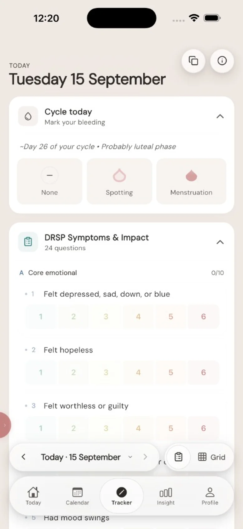 Tracker: compilare un nuovo giorno con segno del ciclo e domande DRSP (1–6)