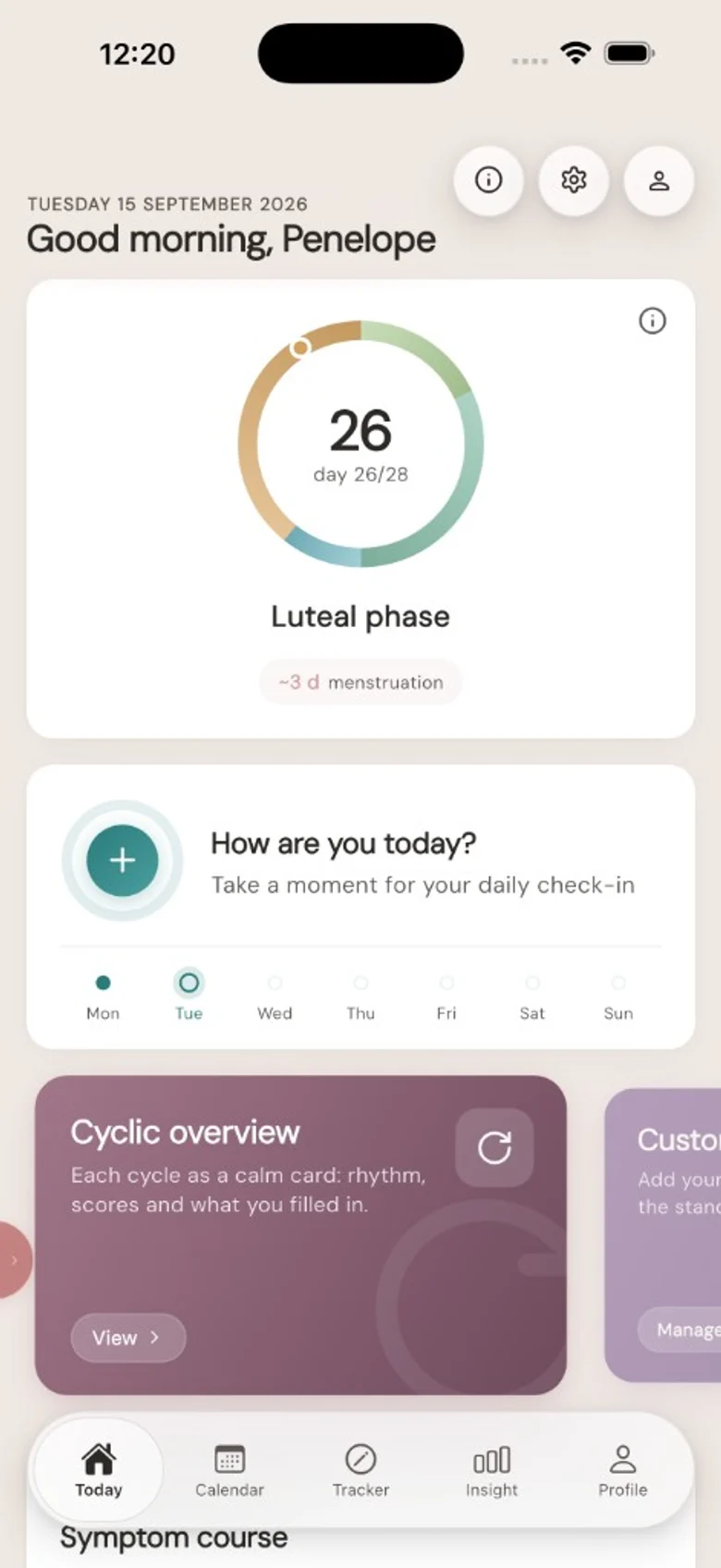 Oggi: anello del ciclo, fase e check-in quotidiano