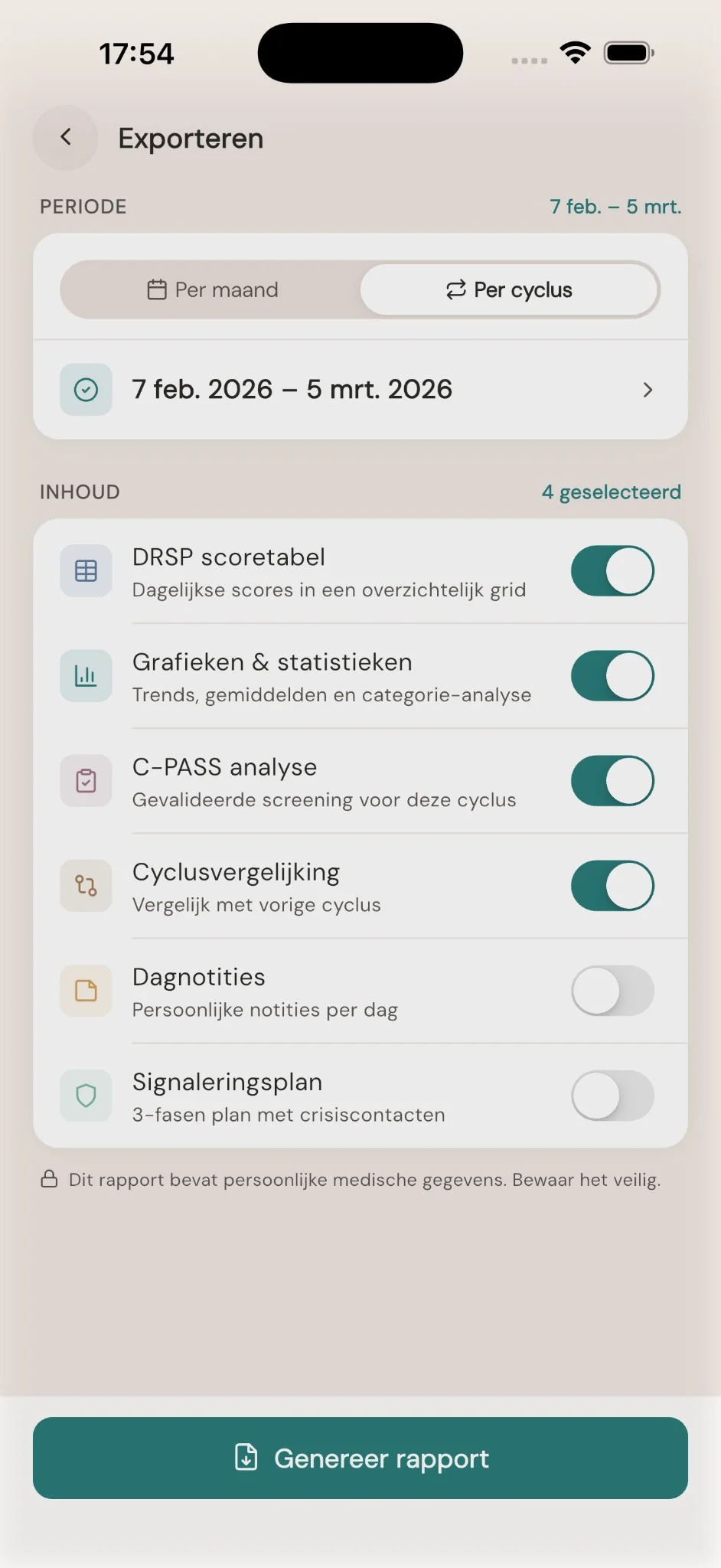 Exporteren — kies periode (maand of cyclus), inhoud zoals DRSP, grafieken, cyclisch overzicht en cyclusvergelijking