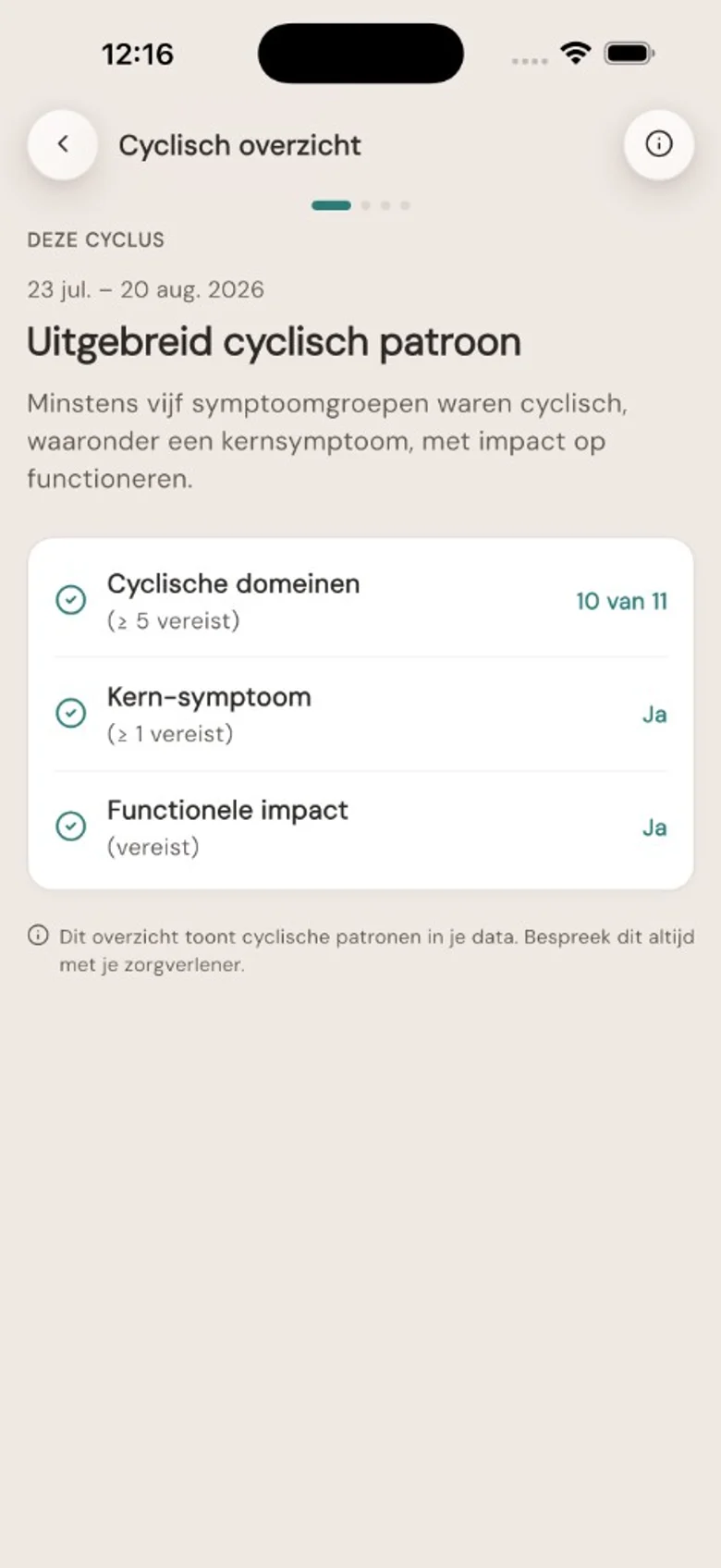 Cyclisch overzicht: cyclische domeinen, kern-symptoom en functionele impact