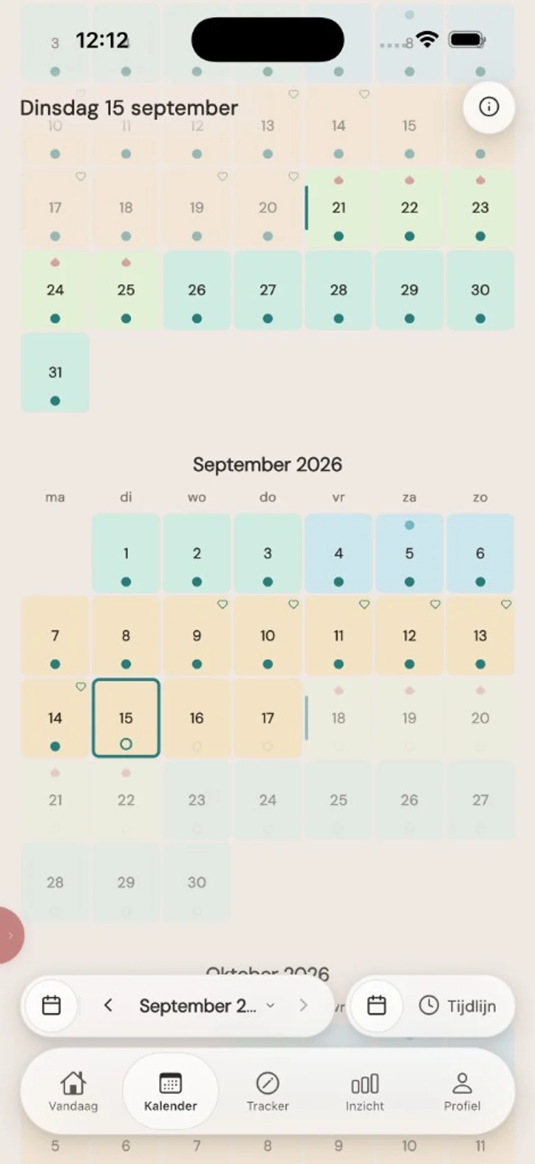 Cycluskalender: maandweergave met fasekleuren, menstruatie en vandaag gemarkeerd