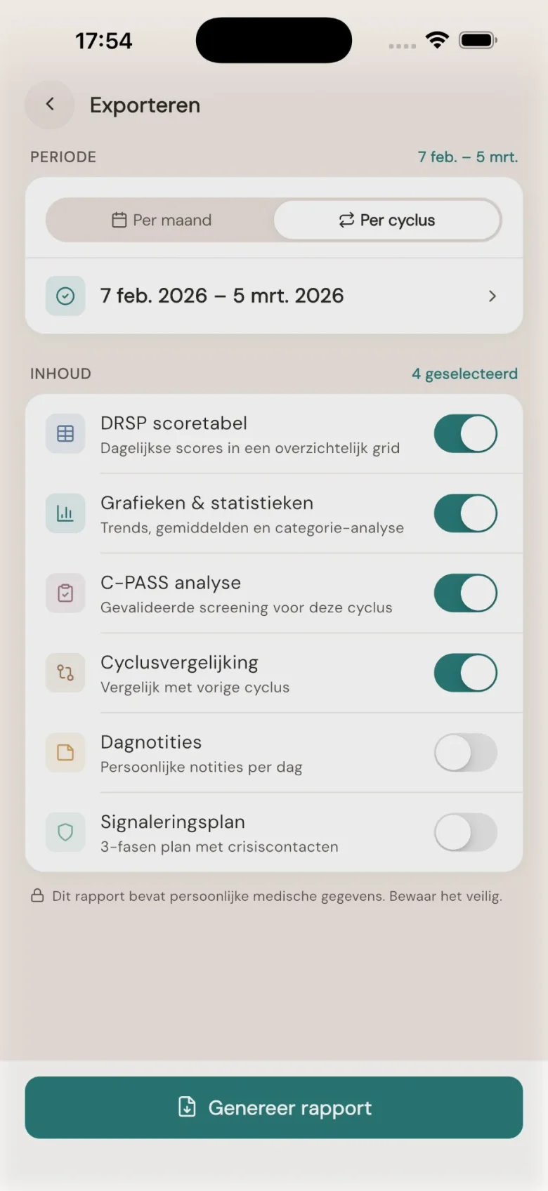 Exporteren: kies periode (maand of cyclus), inhoud zoals DRSP, grafieken, cyclisch overzicht en cyclusvergelijking