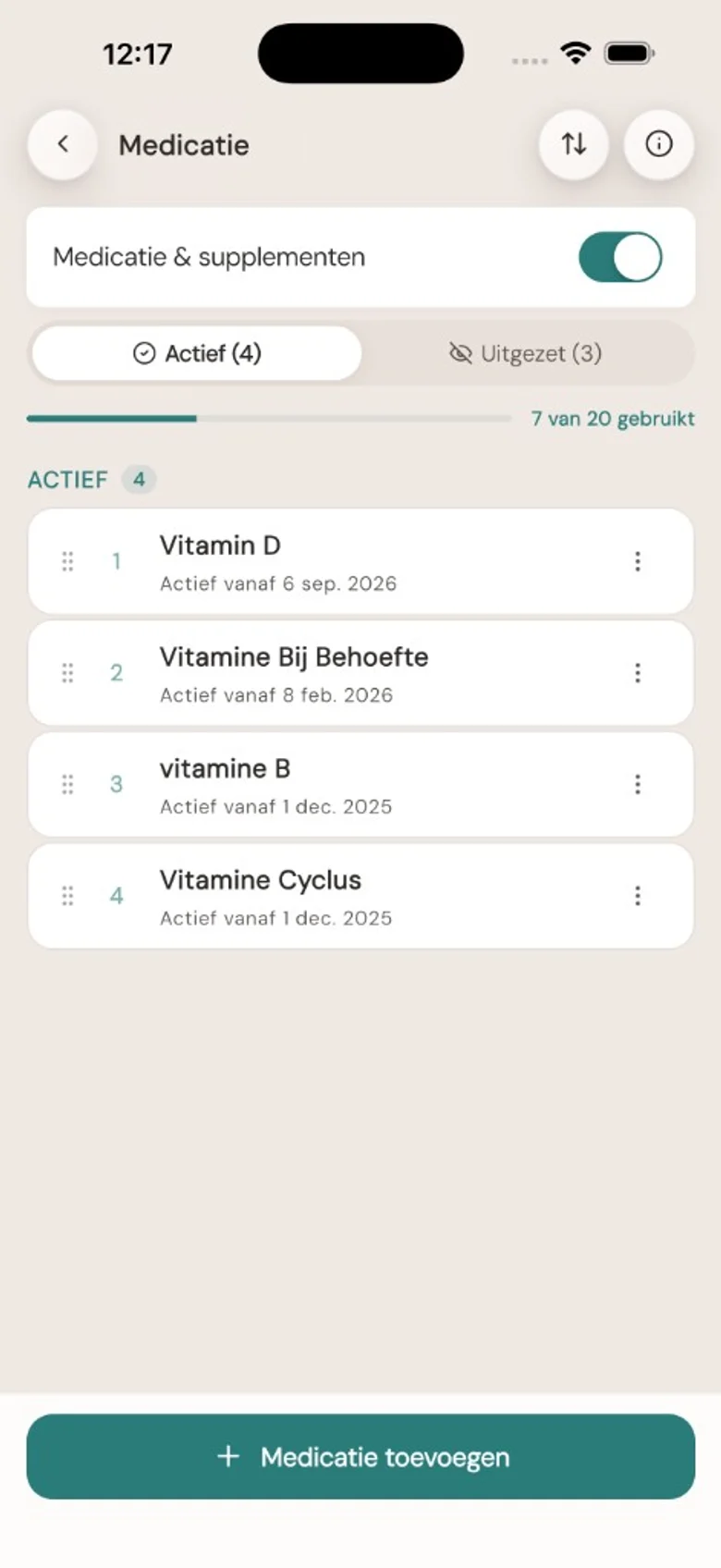Medicatielijst: actieve medicatie en supplementen met startdata