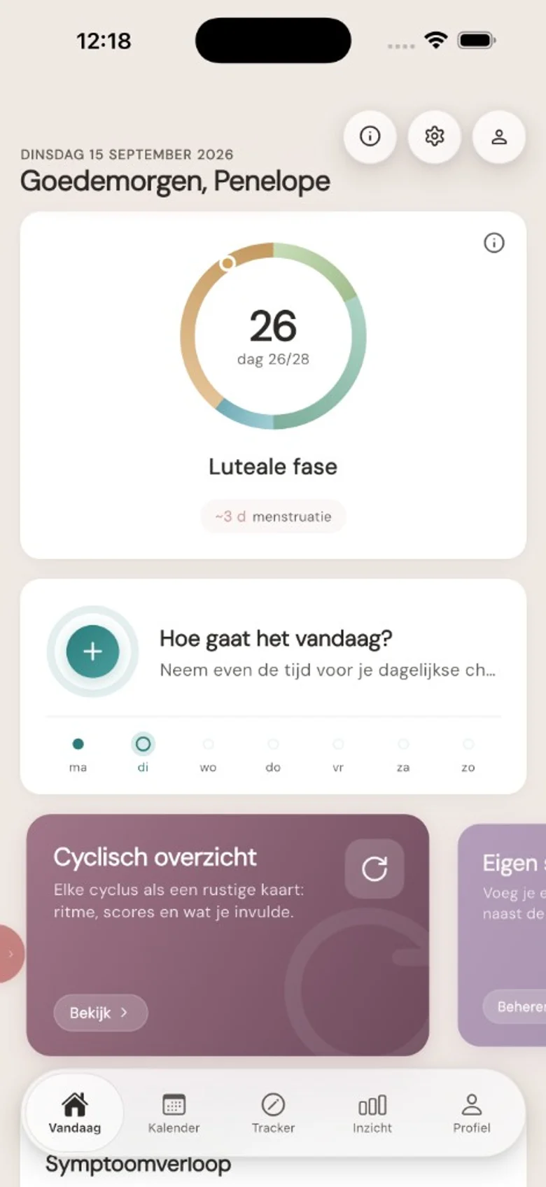 Vandaag: cyclusring, fase en dagelijkse check-in