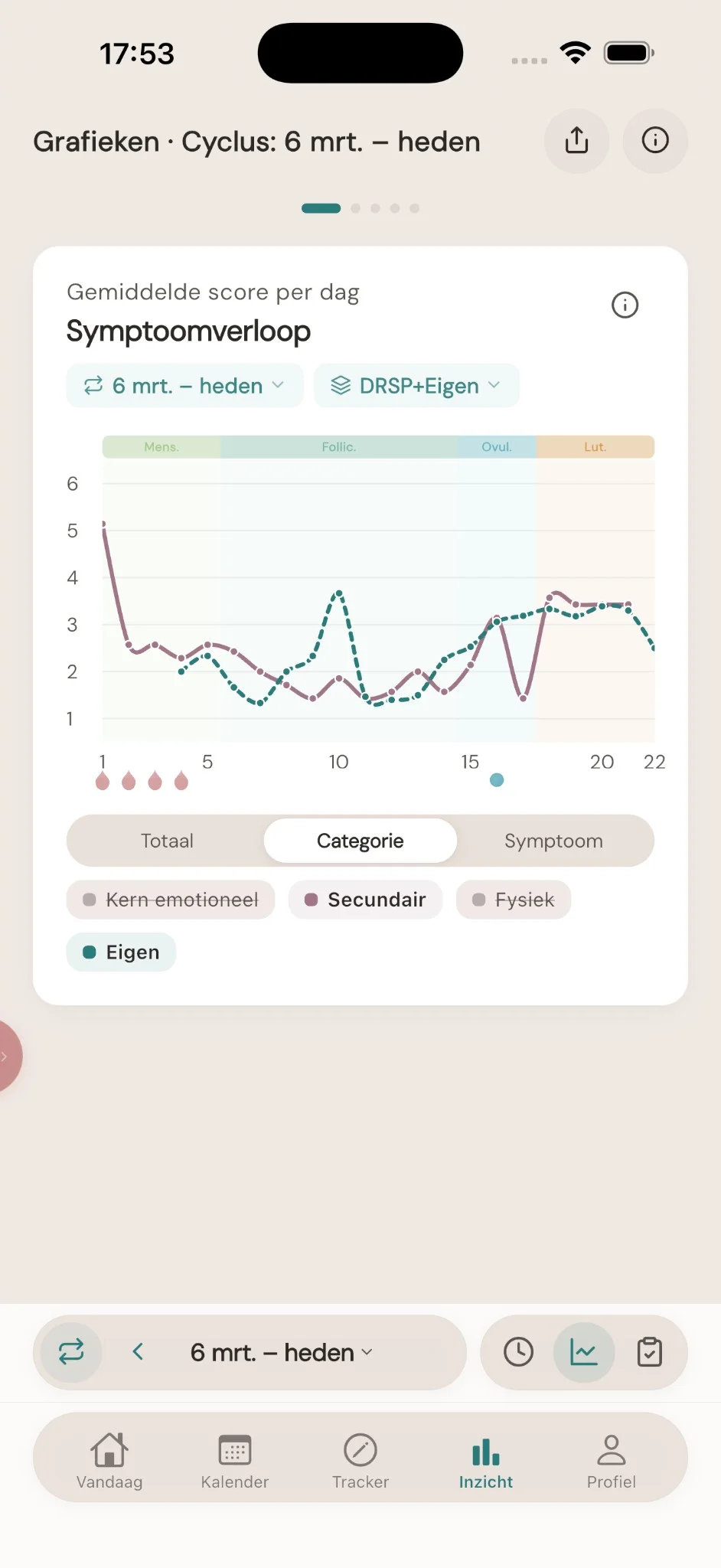 Symptoomverloop per categorie — kern-emotioneel, secundair, fysiek en eigen