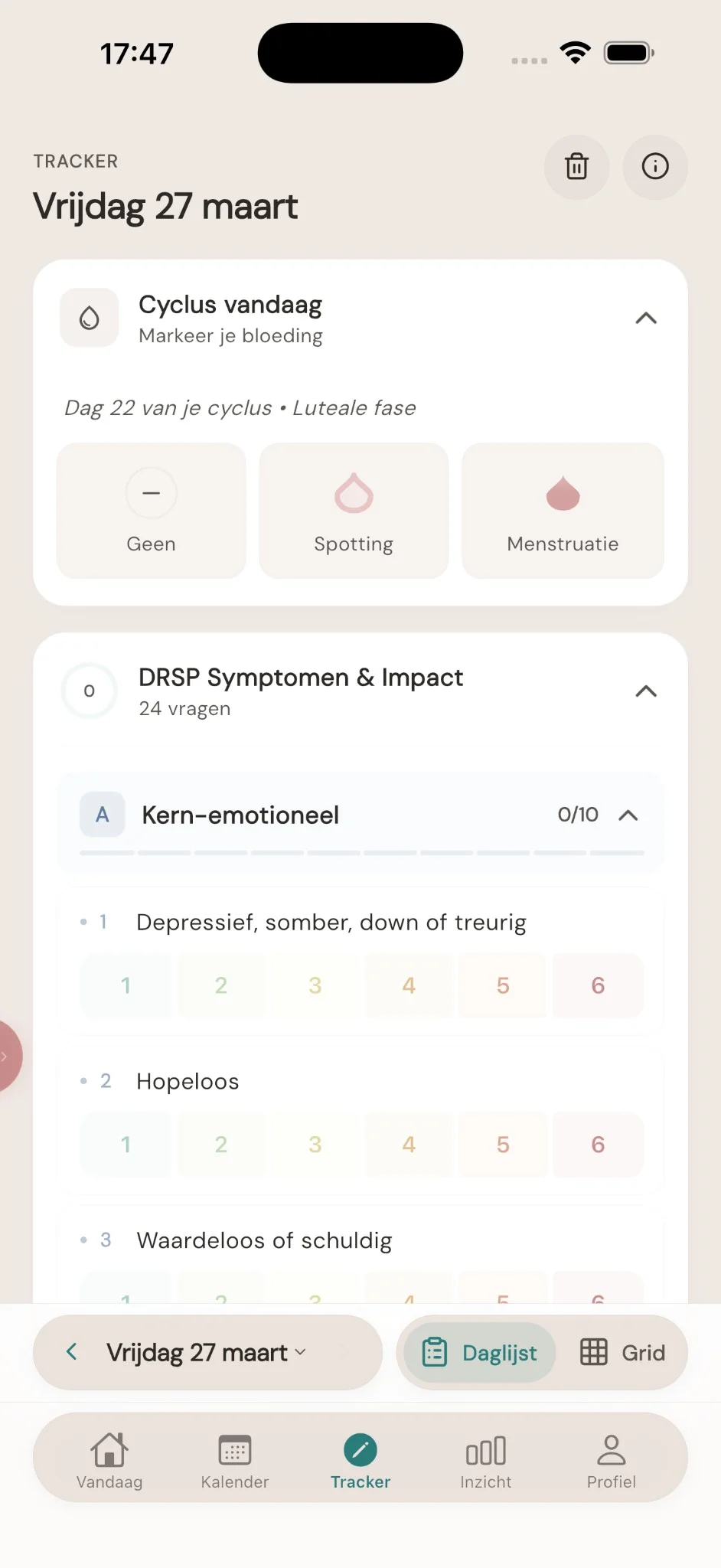 Tracker — nieuwe dag invullen met cyclusmarkering en DRSP-vragen